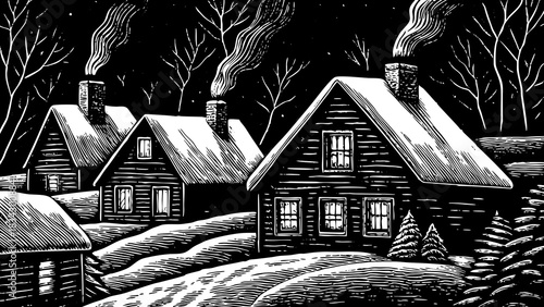 rural houses with thick snowy rooftops and warm window lights create a lovely welcoming Christmas 2026 setting
