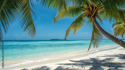 Fototapeta Naklejka Na Ścianę i Meble -  Expansive tropical beach view with soft white sand, crystal clear turquoise water, and swaying palm trees, creating a relaxed and peaceful vacation setting under a bright blue sky with ultra clarity.