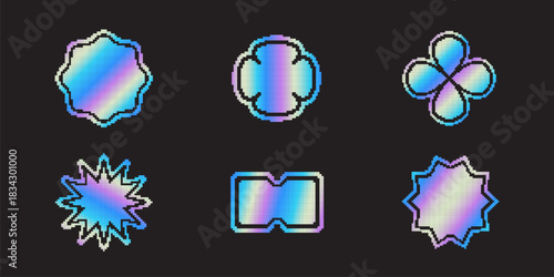 Pixel y2k retro stickers set. Abstract vector icon elements in vaporwave acid style. Geometric 8bit frame shapes in pixel art style. Digital brutalist techno holographic bitmap badge symbols. Isolated