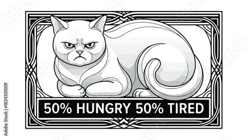 Grumpy cat illustration with text 50 hungry and 50 tired.