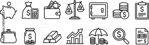 Banking, Finance, and Investment Outline Icons Vector Set, Savings, Budgeting, and Wealth Thin Line Symbols, Piggy Bank, Wallet, Gold Bars, Chart