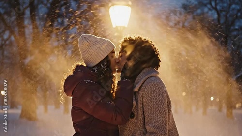 Romantic Kiss Between Two Women in a Snowy Park on a Magical Winter Night