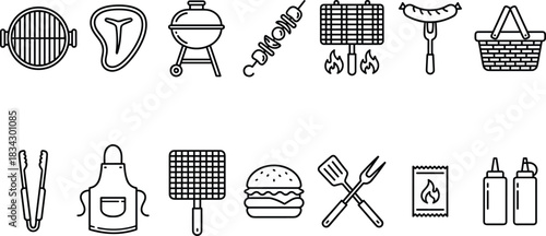 BBQ grill outdoor party icons set, picnic food meat sauce steak sausage burger tools apron skewer basket symbols vector
