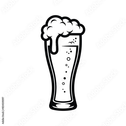 Black and white line art of a tall glass of beer with overflowing foam drink beverage