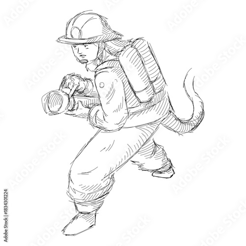 Handdrawn ready firefighter illustration