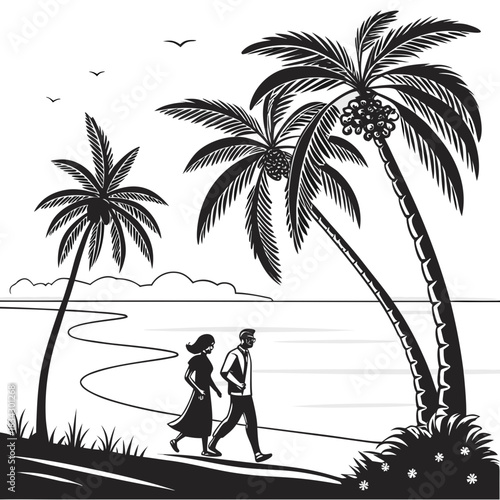 black vector couple walking past palm trees along a tropical beach, ocean in background, flat monochrome vector illustration