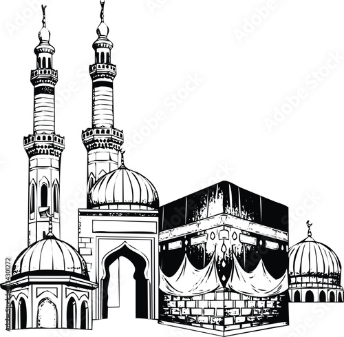 Kaaba and mosque architecture sketch, holy islamic pilgrimage