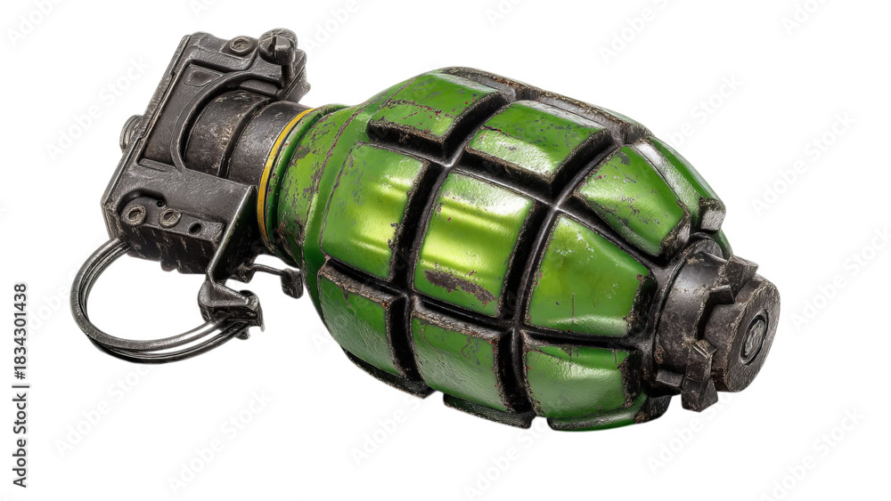 Fototapeta premium PNG of A detailed view of a classic green hand grenade, showing its textured surface and metallic components.