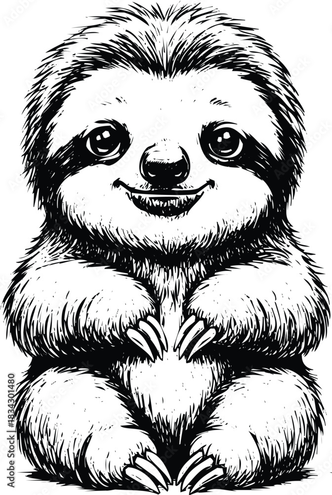 Naklejka premium Cute smiling baby sloth in black and white hand-drawn style art
