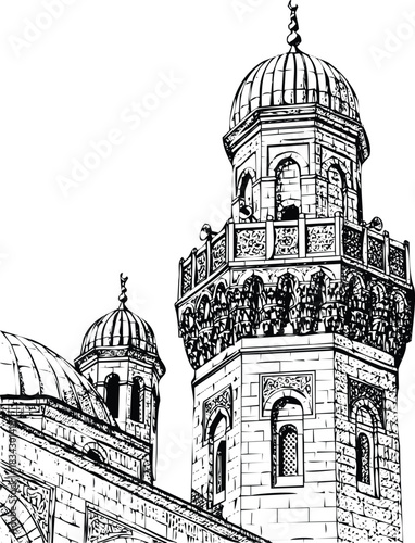 Detailed black and white line art illustration of mosque minaret.