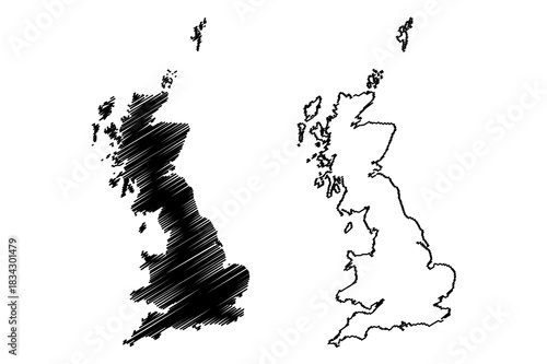 Great Britain island (Kingdom of Great Britain, British Isles, England, Scotland, Wales) map vector illustration, scribble sketch map