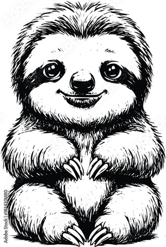 Cute smiling baby sloth in black and white hand-drawn style art