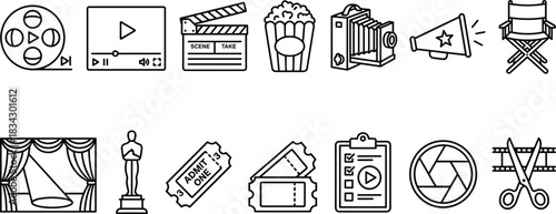 Film and Cinema Outline Icons Vector Set, Movie Production and Entertainment Thin Line Symbols, Popcorn, Camera, Red Carpet, Clapperboard, Media Industry Concept