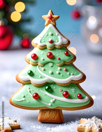 Wallpaper Mural A beautifully decorated Christmas tree cookie with colorful icing and sprinkles, perfect for festive celebrations and holiday treats. Torontodigital.ca