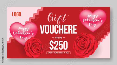 Valentine’s Day gift voucher discount coupon gift card reward giveaway template design  with 3D heart elements and elegant vector illustration background banner