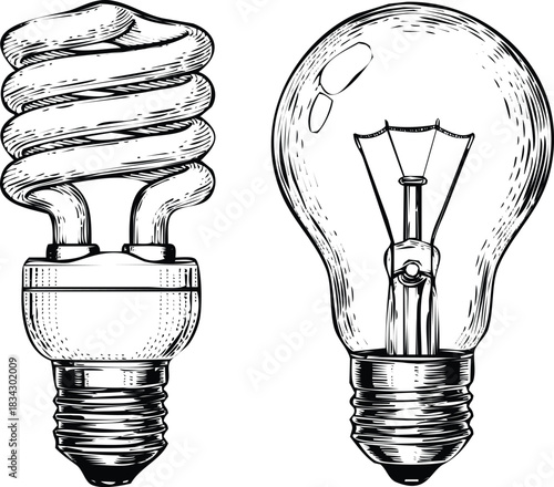 Engraving style drawing of energy saving and traditional bulbs