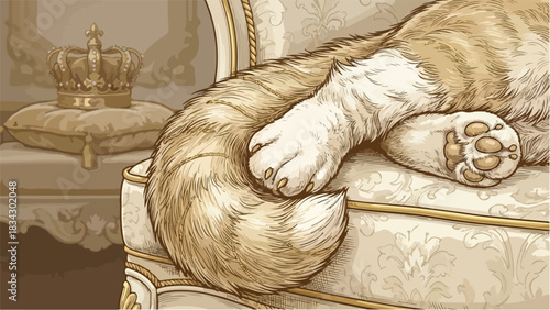 Cats tail and paw resting on a luxurious chair close up.