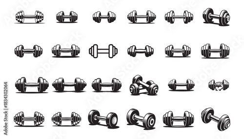 Flat Black Silhouette Dumbbell and Vector Icon Bundle – Fitness Gym Collection	
