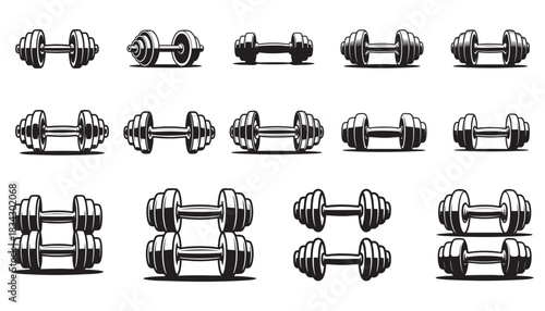 Flat Black Silhouette Dumbbell and Vector Icon Bundle – Fitness Gym Collection	

