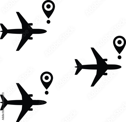 Airplane icon set, travel symbols, flight navigation graphics, aviation visuals, location pin tools, black silhouette, journey and transport elements