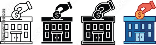 Bank deposit icon set, financial transaction symbols, money saving graphics, dollar coin visuals, black and color theme, finance elements