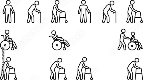 Elderly icon set, disability symbols, mobility aid graphics, healthcare visuals, accessibility tools, black and white theme, support and care elements