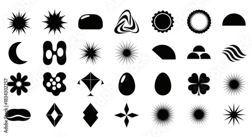 Black Silhouette Icons Set Sun Moon Star Flower Egg Shapes for Web Design Elements
