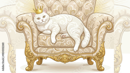 A regal white cat wearing a golden crown relaxing on a luxurious ornate armchair.