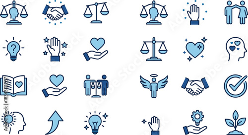Ethics icon set, justice symbols, personal growth graphics, moral values visuals, empathy and integrity tools, blue theme, development elements