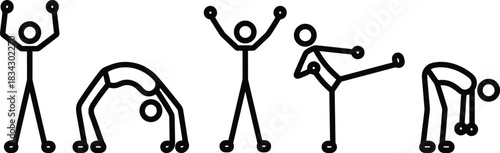 Exercise icon set, fitness symbols, movement graphics, stretching visuals, workout poses, black theme, physical activity and health elements