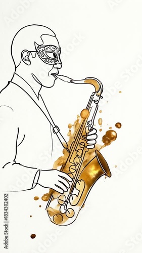 Self-drawing line art animation of a soulful saxophone player appearing on a white background, symbolizing New Orleans jazz culture and Mardi Gras street parade music.