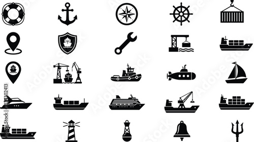 Maritime icon set, nautical symbols, shipping logistics graphics, marine transport visuals, black silhouette, anchor and compass theme, cargo elements