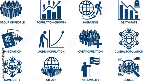 Population icon set, demographic symbols, migration and census graphics, aging and growth visuals, black silhouette, global community data elements