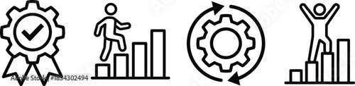 Progress icon set, achievement symbols, process improvement graphics, success visuals, quality assurance tools, black and white design elements