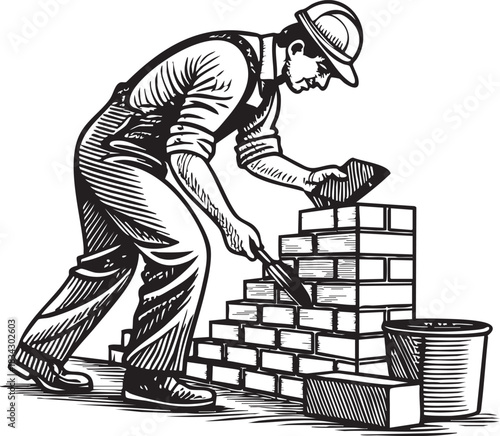 Construction worker in overalls and hat laying bricks with trowel on a wall isolated on transparent background