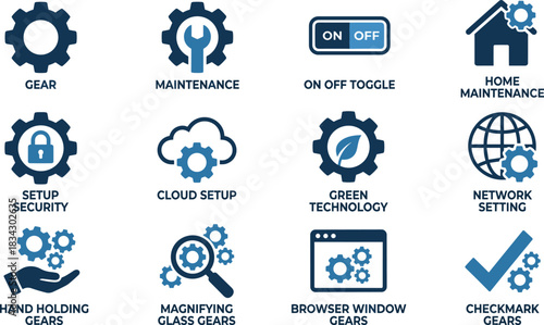 Technology and maintenance icon set, gear-based symbols, digital setup graphics, home and cloud visuals, black silhouette, system configuration elements