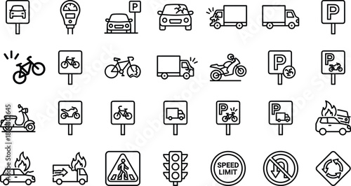 Transportation icon set, traffic symbol graphics, road safety visuals, vehicle and signage elements, black line style, urban mobility theme