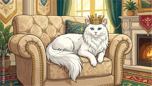 Majestic White Cat with Crown Relaxing on a Luxurious Armchair.