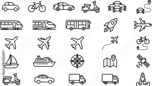 Transportation icon set, travel and logistics symbols, vehicle graphics, air land sea visuals, black silhouette, navigation and delivery elements