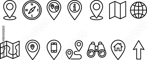 Location pin map pointer route tracking icons set, GPS navigation path direction marker travel journey destination symbols black vector