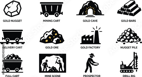 Gold mining icon set, extraction process symbols, nugget and ore graphics, mining equipment visuals, black silhouette, industrial theme