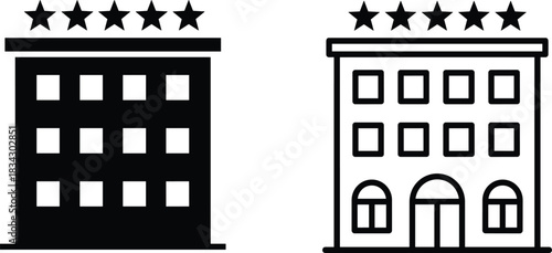 Five-star hotel icon set, luxury building graphics, architectural style comparison, travel and hospitality symbols, black silhouette, premium accommodation visuals