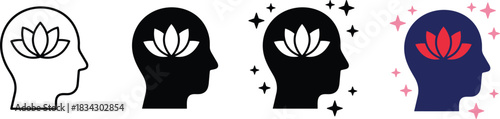 Mindfulness icon set, mental transformation graphics, spiritual growth symbols, lotus flower visuals, awareness and clarity design, black silhouette theme