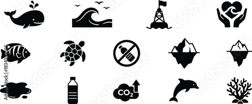 Ocean conservation icon set, marine life symbols, environmental protection graphics, pollution awareness visuals, black silhouette, eco-friendly design elements