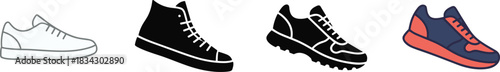 Sneaker icon set, footwear illustration, shoe style comparison, fashion graphic, athletic and casual design, black silhouette, modern shoe visuals