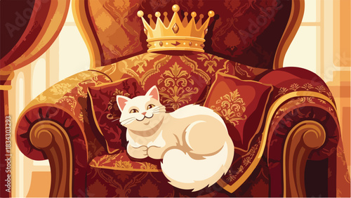 Royal cat sitting on a luxurious throne with a golden crown.