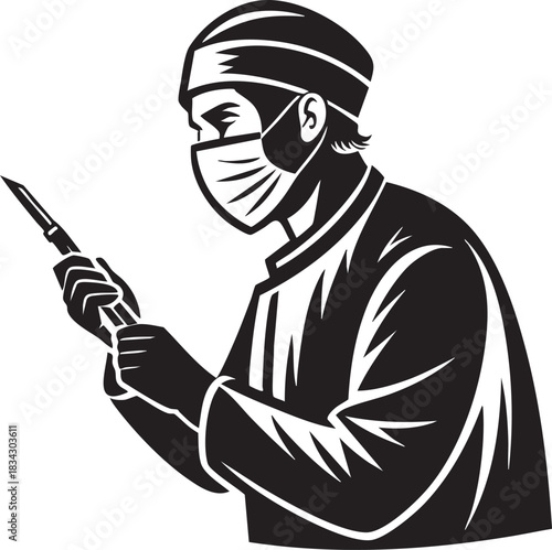 Illustration of a surgeon wearing a mask and holding a scalpel isolated on transparent background