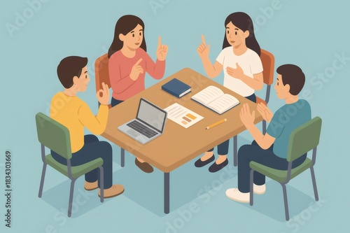 People communicating using sign language gestures, discussing ideas, and collaborating around a table with a laptop and books