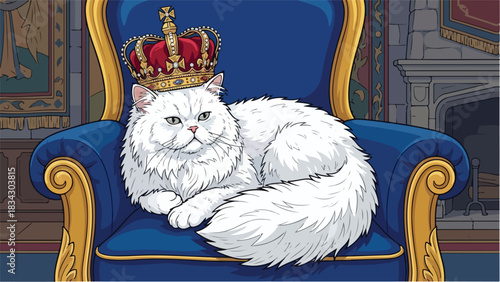 Majestic white cat wearing a crown sitting on a throne.