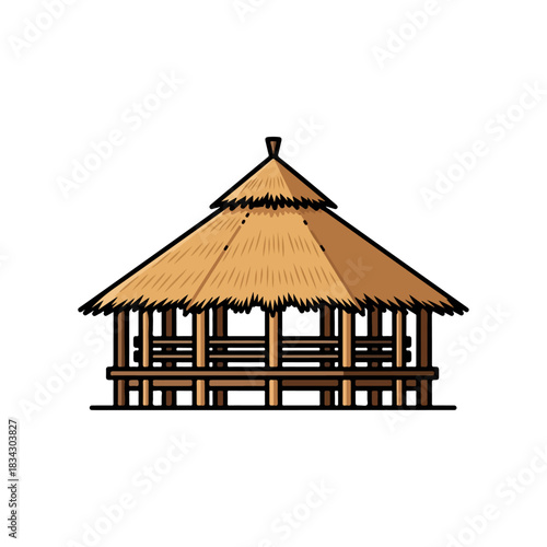 Traditional thatched roof gazebo or pavilion structure on stilts isolated on white background, simple illustration